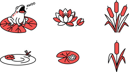 Set of pond and swamp elements, including a frog, water lily, cattails, dragonfly, and frog eggs on a lily pad © MDMAHABUR