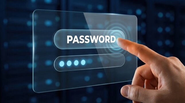 Hand entering virtual password activates robust cybersecurity strategy and data asset protection for secure mobile banking systems.