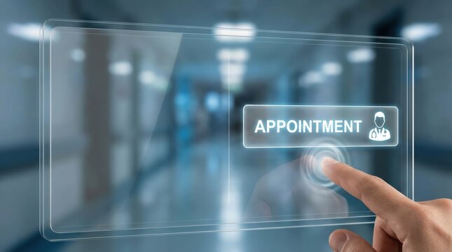 Hand pressing virtual appointment button represents streamlined healthcare accessibility and modern digital patient engagement solutions.
