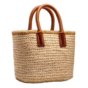 Straw beach bag with woven craftsmanship, isolated on transparent background