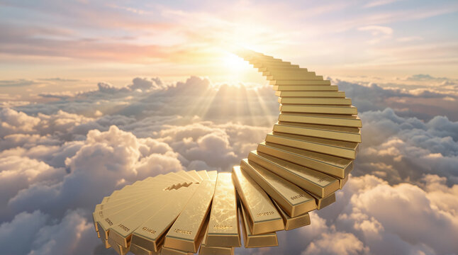 Golden stairway of gold bars rising through clouds symbolizing wealth growth financial success and prosperity