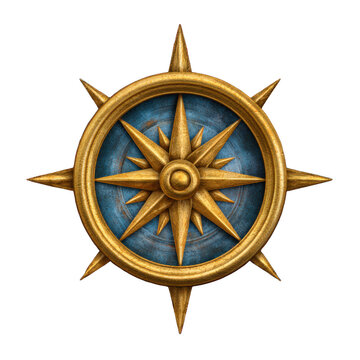 Brass navigation compass vibrant color, isolated on transparent background