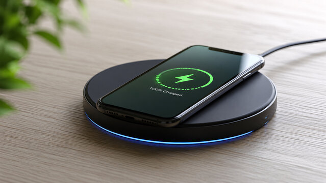 Smartphone charging wirelessly on a sleek black inductive charging pad on a wooden desk showing full battery notification concept for smart technology, fast charging, and modern workspace