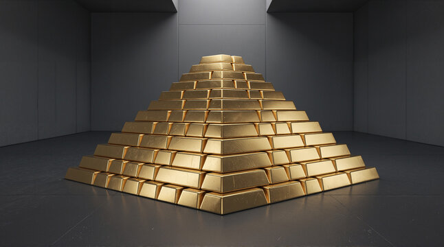 Pyramid of stacked gold bars representing financial stability wealth preservation and investment security