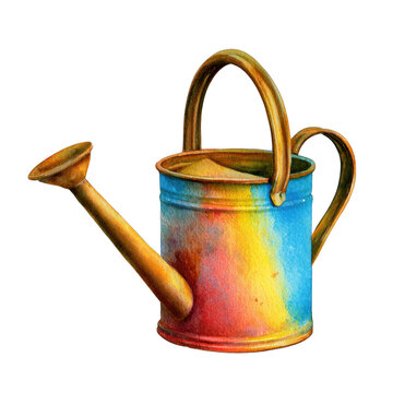 Metal watering can with handle, isolated on transparent background