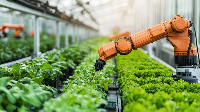 Automated plant care system for large indoor spaces, robotic arm watering and pruning, lush greenery, effortless maintenance.