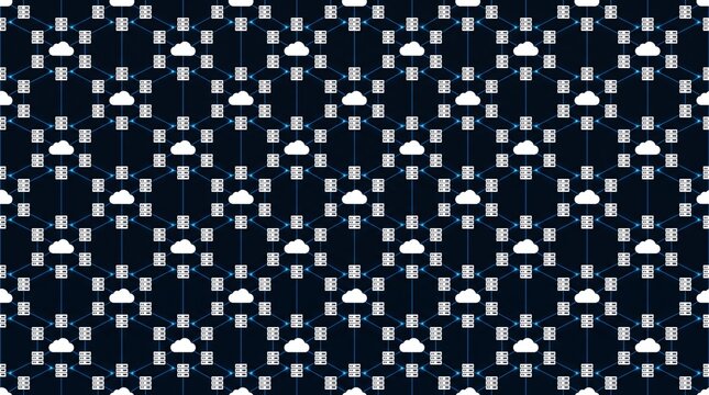 Seamless pattern background featuring connected cloud computing icons and digital network nodes.