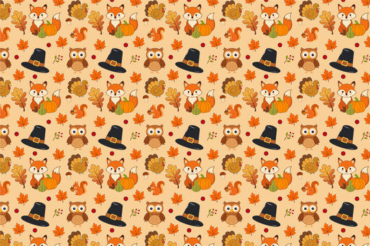 Seamless Thanksgiving Pattern with Cute Animals Turkeys and Autumn Elements