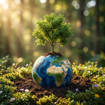Tree growing on Earth globe symbolizing sustainability, environmental protection, climate conservation