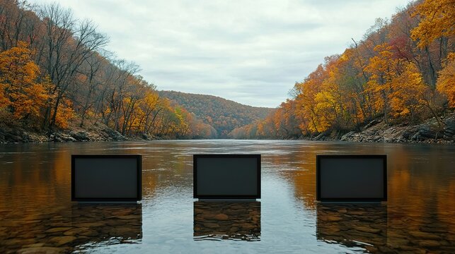 Digital signage embedded in natural landscapes, displaying information or art, blending tech with nature, discreet integration