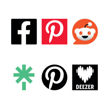 A collection of flat vector social media icons featuring Facebook, Pinterest, Reddit, Linktree, and Deezer logos arranged in a grid for web and mobile UI design.