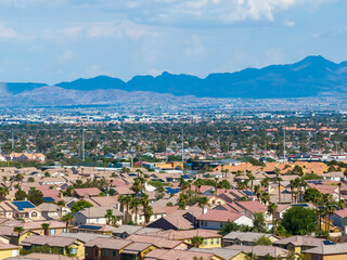 Fototapeta premium Aerial shot of homes at Desert Breeze park in Las Vegas Nevada USA