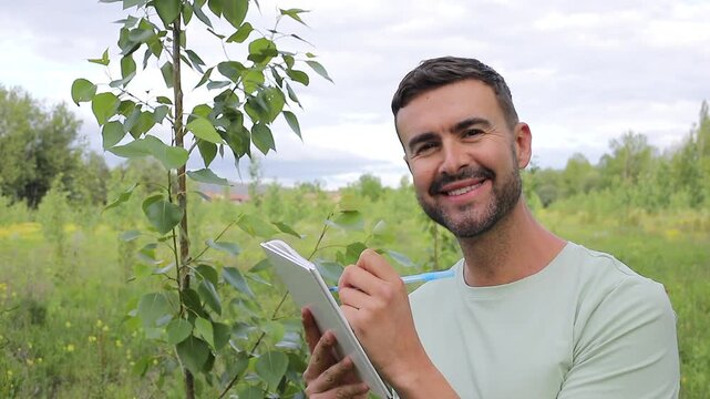 Inspector Using a Notebook To Write the Evaluation of a Poplar Tree Health