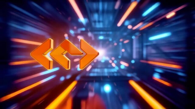 3D Code Brackets Icon Flying in Sci-Fi Digital Tunnel Background