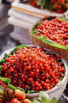 Freshly Picked Cherries at a Local Market in Summer Season