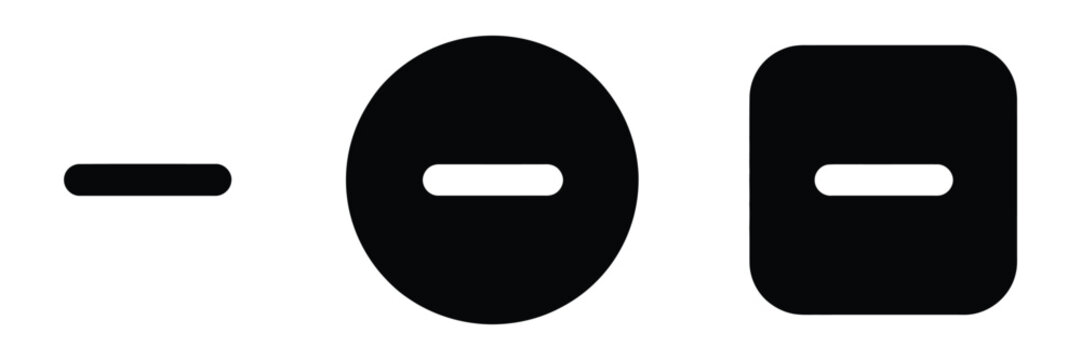 Minimize button icons featuring minus and collapse symbols in outline and solid styles with clean minimalist vector graphics for software navigation, user interface controls, web applications, mobile 