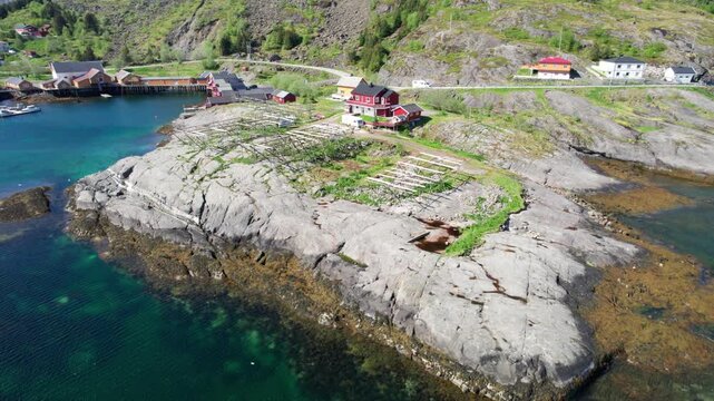 Breathtaking aerial footage flying over a traditional Norwegian fishing village with cod drying racks on a sunny summer day in Lofoten