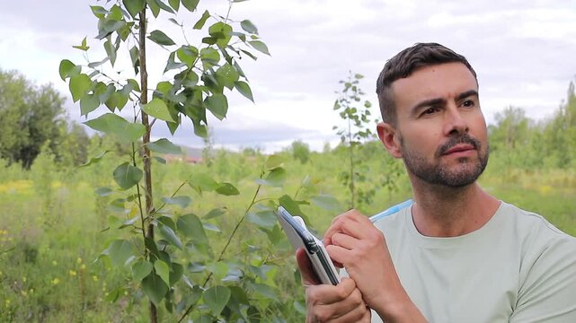 Inspector Using a Notebook To Write the Evaluation of a Poplar Tree Health