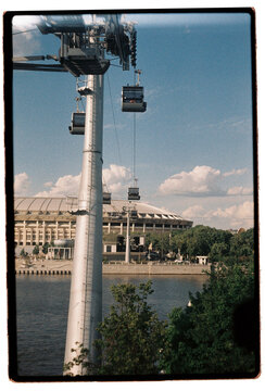 Cable cars cross the Moscow River toward Luzhniki Stadium