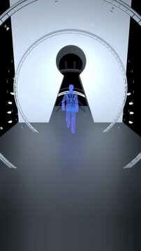 Digital humanoid walking through a futuristic keyhole door