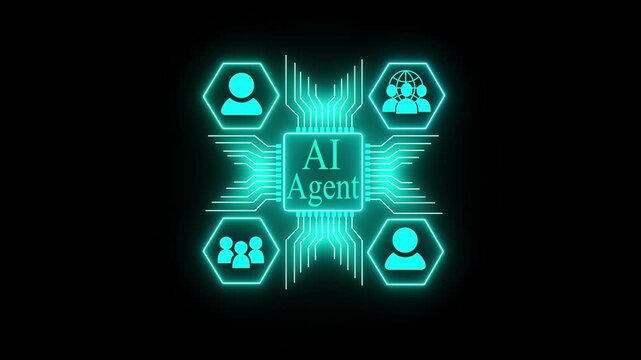 A futuristic ai agent is connected to various digital functions through a glowing green network development, software, system, process, datum, computing, 4k video.