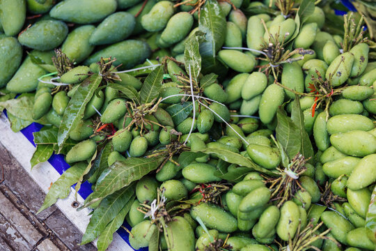 Fresh Green Mangoes with Leaves at Market