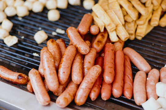 Grilled Sausages and Street Food on Barbecue Grill