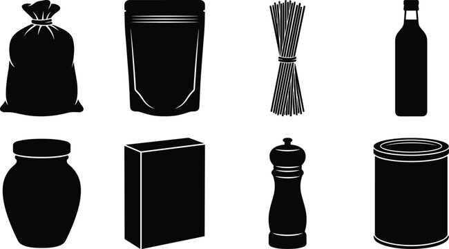 Dry grocery and food packaging silhouette vector icon set containing bag pouch spaghetti bottle box jar and can