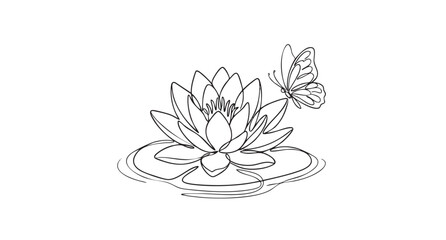 Obraz premium Minimalist Continuous Line Drawing of a Water Lily Flower with a Delicate Butterfly Perched on Petals for Zen Meditation and Spa Wellness Concepts
