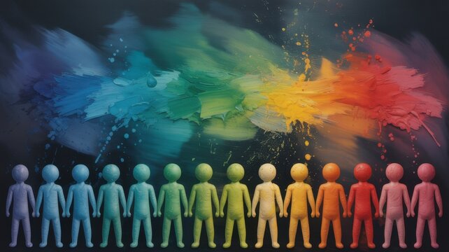 Row of colorful human shaped figures standing in a line against a dark background, with vibrant rainbow, paint strokes and, artistic splatters representing, unity and diversity