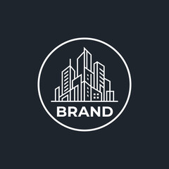 Fototapeta premium Geometric city buildings circular emblem for urban branding.
