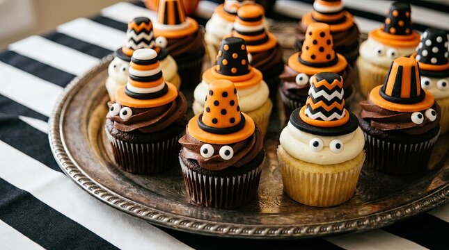 Festive halloween cupcakes displayed on silver platter perfect for parties and celebrations