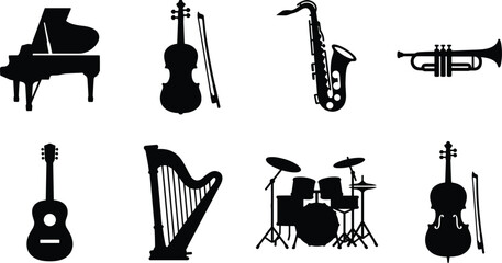 Musical Instrument Silhouette Collection with Piano Violin Guitar Harp Drum and Brass Vector Set © mdAl