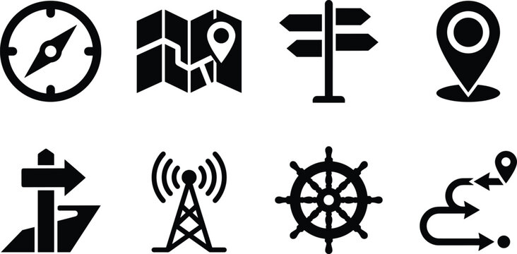 Navigation and Location Icons Collection with Map Compass Direction and GPS Silhouette Vector Set