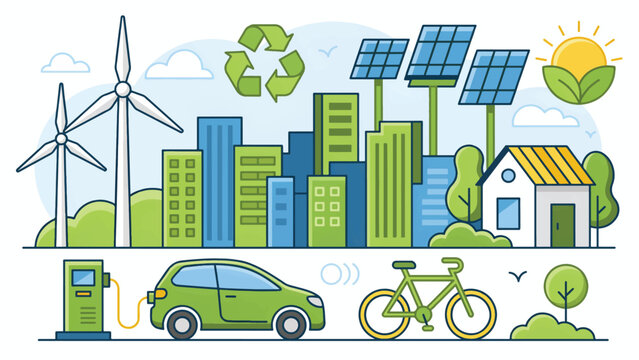 Sustainable energy and green environment concept with solar panels wind turbines and electric vehicle charging sustainable environment turbines electric