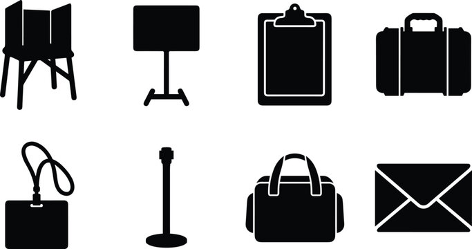Voting and election silhouette vector icon set containing booth signboard clipboard briefcase ID badge and envelope