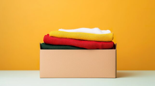 Donation box mockup, clothes visible, charity organization, giving back,