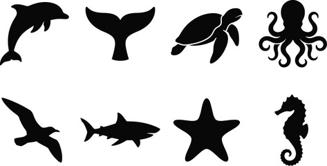 Sea animal silhouette icon set featuring dolphin whale tail turtle octopus shark and seahorse on white background © Al Mamun
