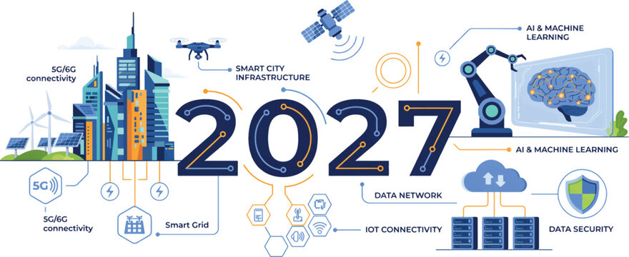 Technological trends infographic 2027 futuristic smart city infrastructure and data security with artificial intelligence future tech technology infographic