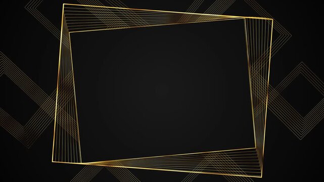 Luxury gold geometric frame thin glowing lines, black center space, layered rectangle shapes, elegant abstract motion. Perfect for premium intros, award , logo reveals, invitations, stylish overlays.