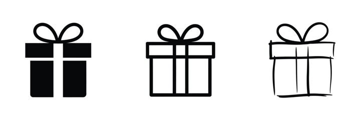 Present icons illustrating gift boxes in flat, linear, and hand drawn doodle styles with clean minimalist vector graphics for holiday decorations, festive events, celebration themes, greeting cards, p © ARIF AHMED 02