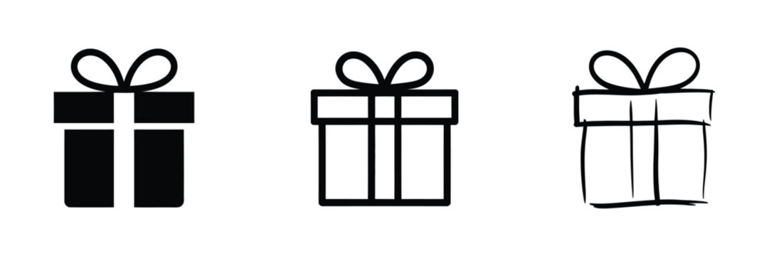 Present icons illustrating gift boxes in flat, linear, and hand drawn doodle styles with clean minimalist vector graphics for holiday decorations, festive events, celebration themes, greeting cards, p