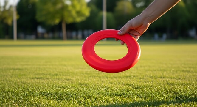 Red flying ring held by hand in a green park, plastic frisbee toy for outdoor sports, summer leisure activity on a grassy field