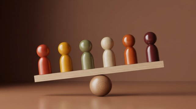 Wooden peg dolls in various colors standing on a balanced seesaw representing equality, diversity, and inclusion in a corporate or social environment on brown background