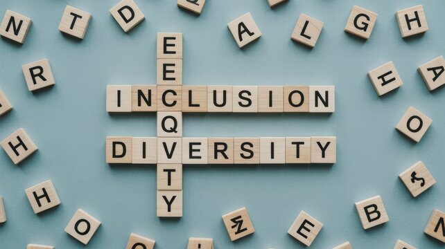 Wooden scrabble tiles arranged to form inclusion equity and diversity words on a light blue background, surrounded by scattered, letters for social, justice and equality themes