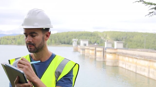 Hydroelectric Infrastructure Engineer Holding Notebook and Writing Inspection Notes 
