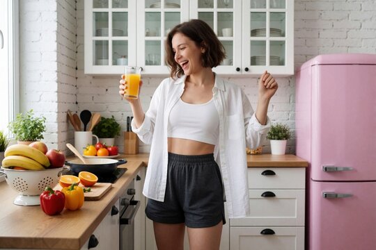 Young woman holds glass of orange juice in bright home kitchen. Cheerful female person laughs making healthy breakfast. Happy homemaker dances near fresh fruits, vegetables on wooden table. Smiling