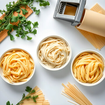 Three types of fresh pasta with pasta maker and herbs