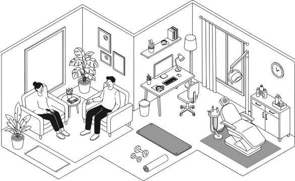 Isometric medical office interior line art design with medical center patient room isometric interior consultation healthcare professional furniture