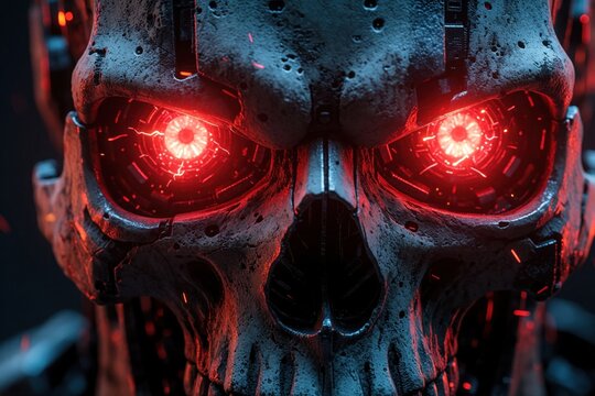 Robotic skull with glowing red eyes, metallic texture, ominous future threat. Futuristic cyborg face, mechanical parts, dark power. Killer robot head, artificial intelligence.